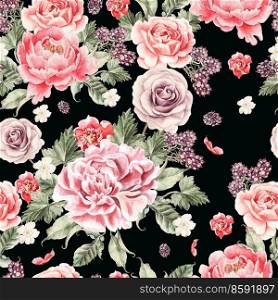 Bright seamless pattern with peony flowers , roses and blackberries . Illustration. Bright seamless pattern with peony flowers , roses and blackberries . 