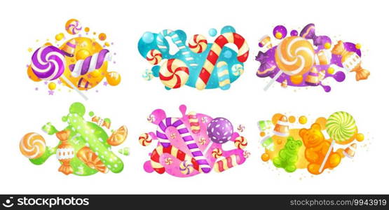 Bright set of elements from caramel candies and jelly candies, vector illustration. An assortment of sweets for an online store. Emblem for New Year’s gifts. Gummy bears and candy cane on a color spot. Set of caramel lollipops and jelly candies