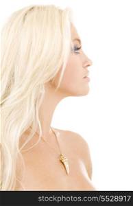 bright sideview picture of lovely blonde in diamond pendant