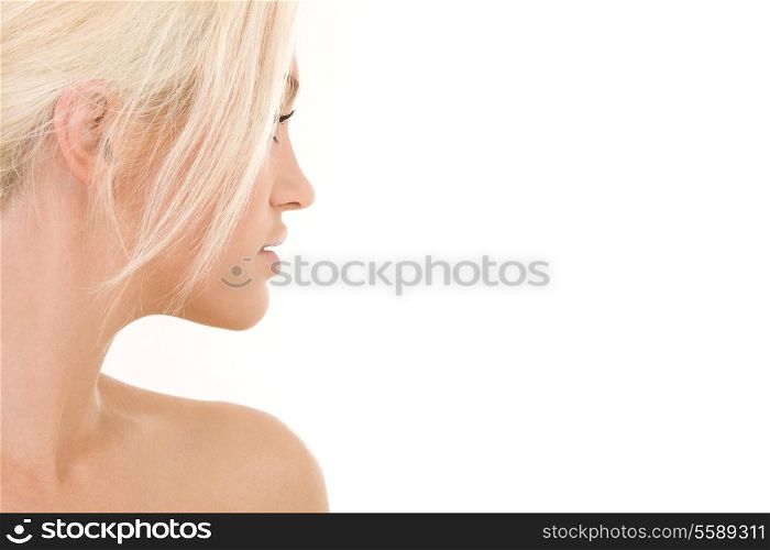 bright sideview picture of lovely blonde over white