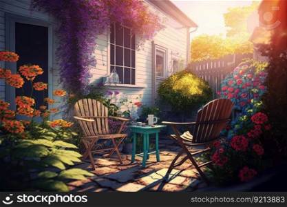 bright spring morning in small cozy backyard with chairs and flowers, created with generative ai. bright spring morning in small cozy backyard with chairs and flowers