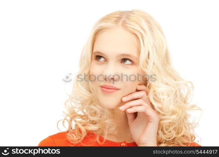 bright studio picture of beautiful pensive teenage girl