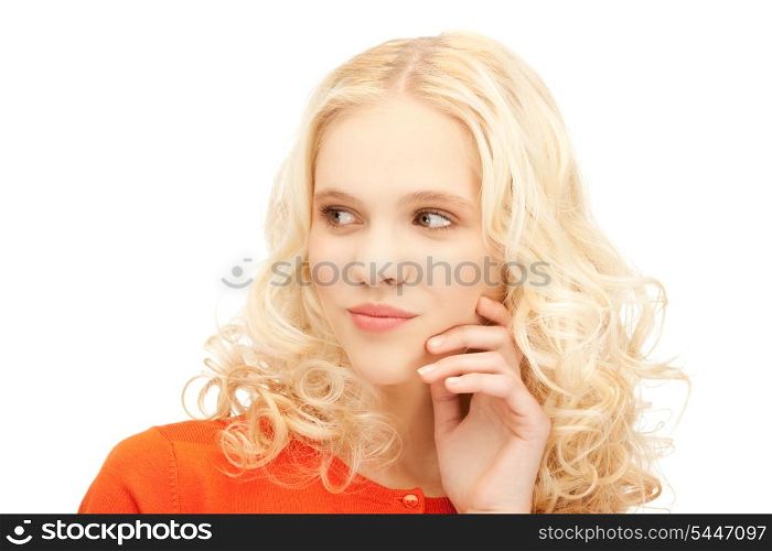 bright studio picture of beautiful pensive teenage girl