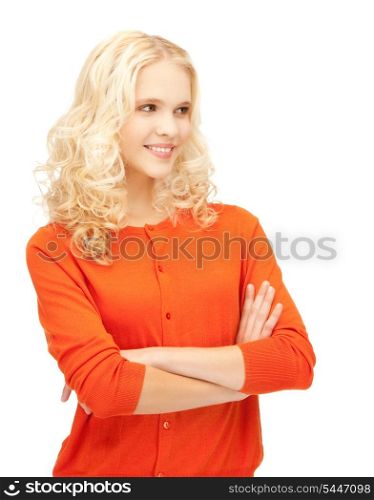 bright studio picture of beautiful pensive teenage girl