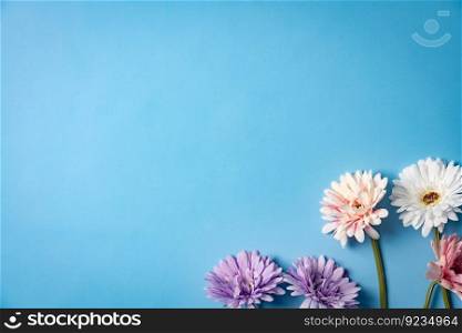 Bright summer background with pink, purple and white gerbera flowers and green leaves on blue background. Bright summer background