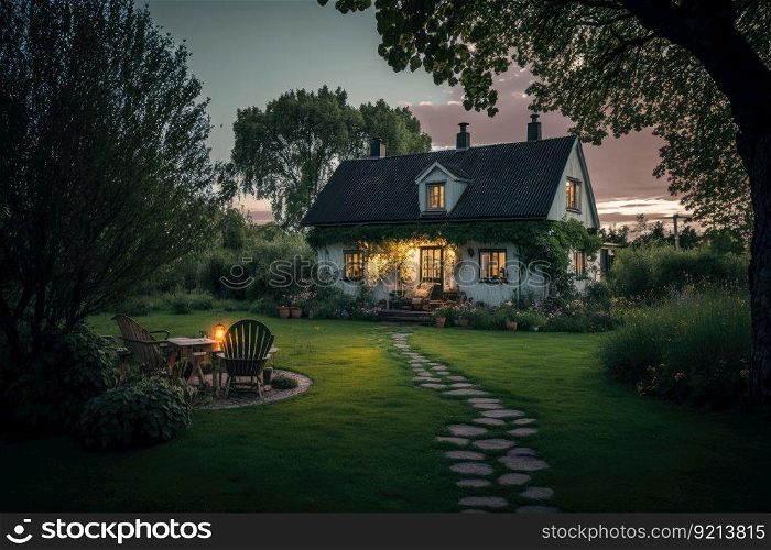 bright summer evening in cozy backyard with beautiful green lawn, created with generative ai. bright summer evening in cozy backyard with beautiful green lawn