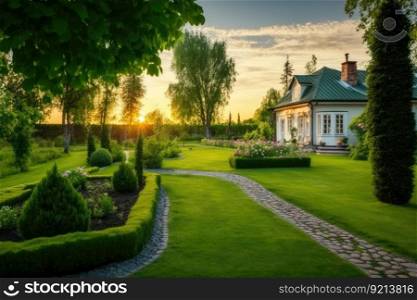 bright summer evening in cozy backyard with beautiful green lawn, created with generative ai. bright summer evening in cozy backyard with beautiful green lawn