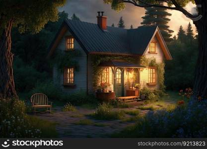 bright summer evening in nature and comfortable cottage with cozy backyard, created with generative ai. bright summer evening in nature and comfortable cottage with cozy backyard