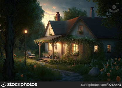 bright summer evening in nature and comfortable cottage with cozy backyard, created with generative ai. bright summer evening in nature and comfortable cottage with cozy backyard