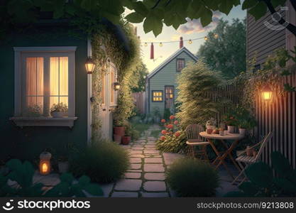 bright summer evening with light illuminated greenery in cute cozy backyard, created with generative ai. bright summer evening with light illuminated greenery in cute cozy backyard