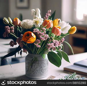 Bright summer flowers in a vase on the table in the room. Illustration AI Generative 