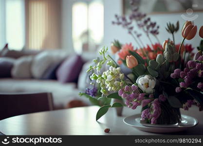 Bright summer flowers in a vase on the table in the room. Illustration AI Generative 