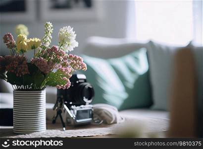 Bright summer flowers in a vase on the table in the room. Illustration AI Generative 