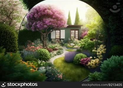 bright summer garden with flowers and round lawn in comfortable cozy backyard, created with generative ai. bright summer garden with flowers and round lawn in comfortable cozy backyard