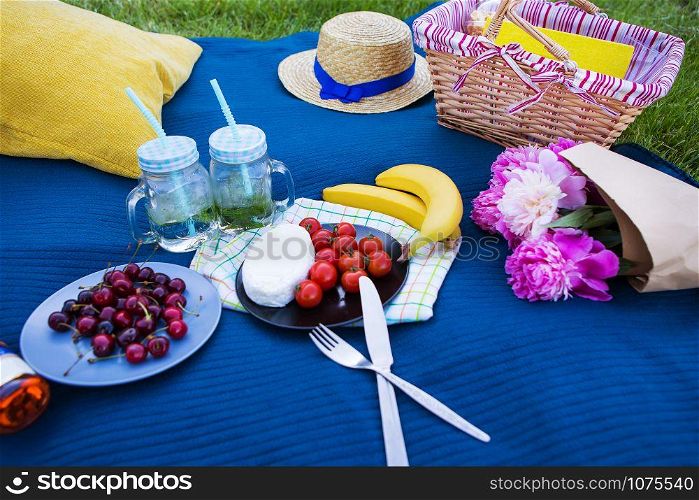 Bright summer picnic on nature-summer, sun, happiness. Bright summer picnic