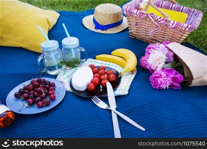 Bright summer picnic on nature-summer, sun, happiness. Bright summer picnic