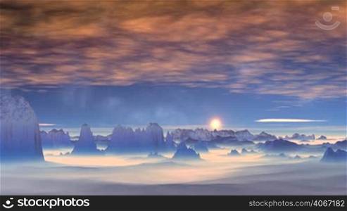 Bright sun colors high clouds in pink. Dark blue cliffs and hills covered with dense white fog. On the blue sky the stars and nebulae.