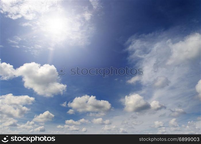 Bright sun in the blue sky amongst clouds.