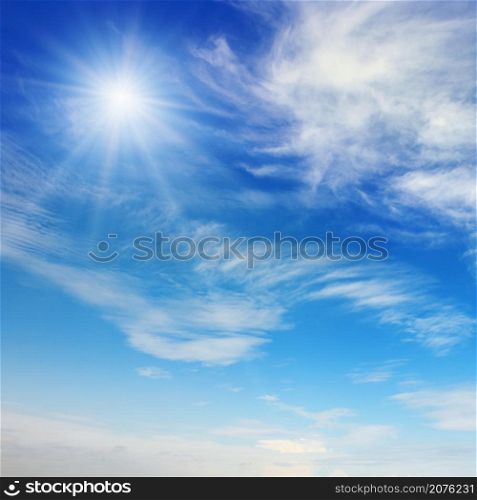 Bright sun on blue sky with beautiful white clouds