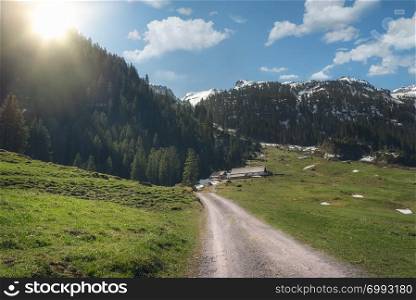 Bright sun over an alpine road and Swiss Alps mountains on a day of spring, in Switzerland near St. Gallen. Spring landscape with snowy peaks.