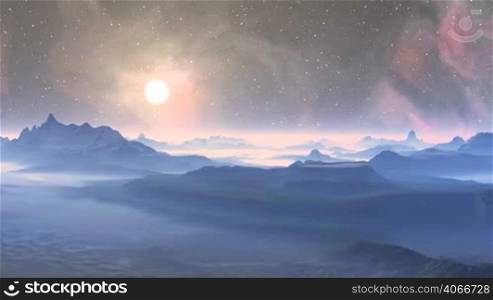 Bright sun quickly flying through the starry sky on the background color changing nebula. Beneath the mountains, hills and lowlands, covered with a thick fog. The sky light haze. The horizon is covered with bright glowing mist.