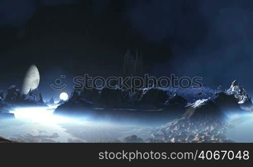 Bright sun quickly rises from the misty horizon. A large planet (moon) out of the shadows. On a dark starry sky smoky nebula. The mountains are covered with snow. In the lowlands thick white mist.