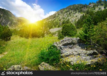 Bright sunrise in mountain valley in Andorra. Pyrenees.