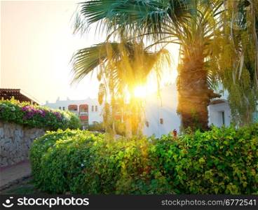 Bright sunrise over resort hotel in Egypt
