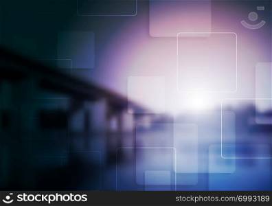 Bright tech abstract collage layout with bridge landscape and geometric squares. Bright tech collage layout