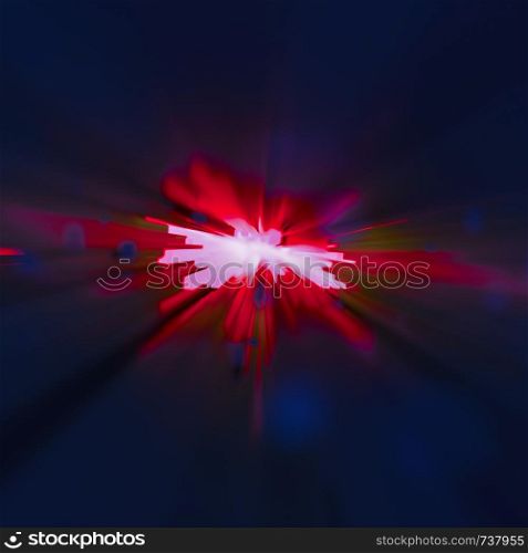 Bright vibrant abstract blast or explosion on a deep blue background with radiating red rays from a bright centre over a deep blue background in square format