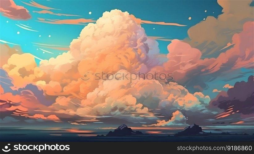 Bright vivid psychedelic colors blue sky background with orange sunset surreal light clouds anime style illustration. AI Generative content