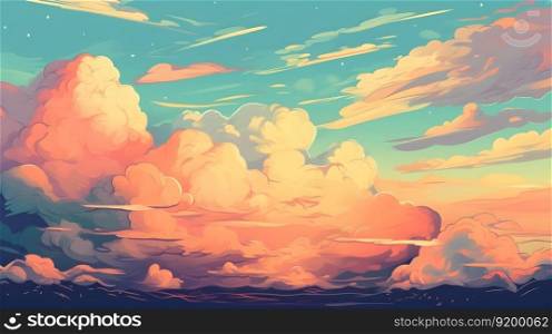 Bright vivid psychedelic colors blue sky background with orange sunset surreal light clouds anime style illustration. AI Generative content