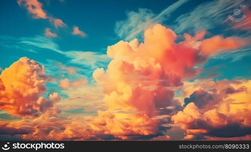 Bright vivid psychedelic colors blue sky background with orange sunset surreal light clouds. AI Generative content