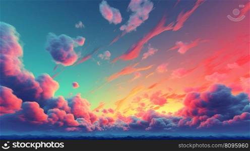 Bright vivid psychedelic colors blue sky background with orange sunset surreal light clouds. AI Generative content