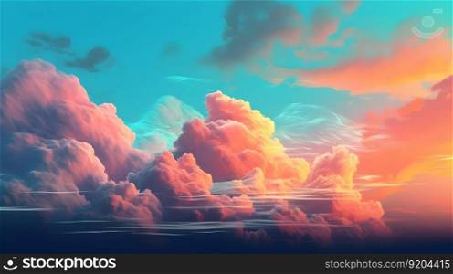 Bright vivid psychedelic colors blue sky background with orange sunset surreal light clouds. AI Generative content