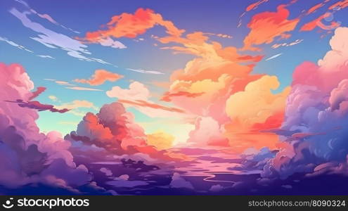 Bright vivid psychedelic colors purple sky background with orange sunset surreal light clouds anime style illustration. AI Generative content