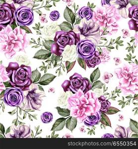 Bright watercolor flowers seamless pattern with roses, peony, pe. Bright watercolor flowers seamless pattern with roses, peony, petunia and butterfly.. Bright watercolor flowers seamless pattern with roses, peony, petunia and butterfly. Illustration