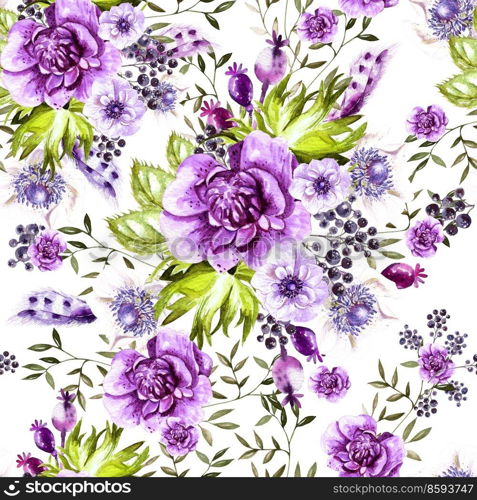 Bright watercolor pattern with anemone flowers  and berry. Illustration. Bright watercolor pattern with anemone flowers  and berry. 