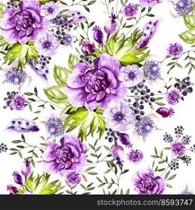 Bright watercolor pattern with anemone flowers  and berry. Illustration. Bright watercolor pattern with anemone flowers  and berry. 