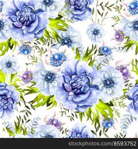 Bright watercolor pattern with anemone flowers  and berry. Illustration. Bright watercolor pattern with anemone flowers.