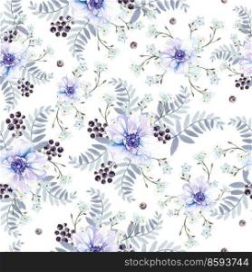 Bright watercolor pattern with anemone flowers, berry and leaves. Illustration. Bright watercolor pattern with anemone flowers, berry and leaves. 