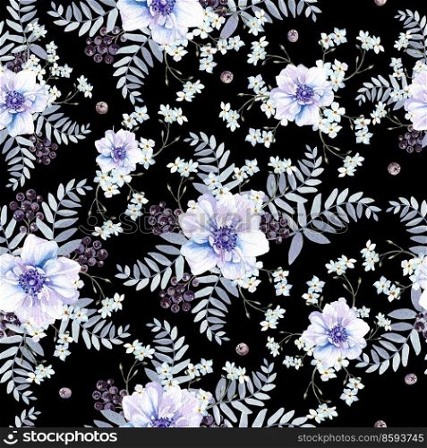 Bright watercolor pattern with anemone flowers, berry and leaves. Illustration. Bright watercolor pattern with anemone flowers, berry and leaves. 