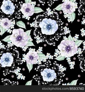 Bright watercolor pattern with anemone flowers, forget-me-nots and leaves. Illustration. Bright watercolor pattern with anemone flowers, forget-me-nots and leaves. 