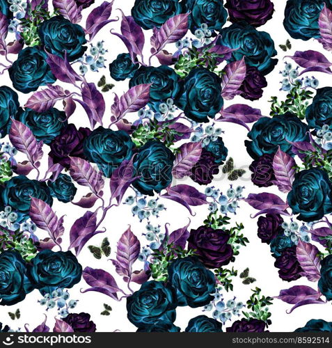Bright watercolor seamless pattern with flowers and lavender roses, currant berries and butterflies. Illustration. Bright watercolor seamless pattern with flowers and lavender roses, currant berries and butterflies. 