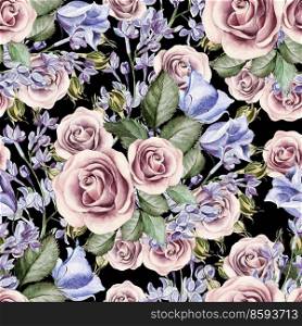 Bright watercolor seamless pattern with flowers eustoma, roses and lilacs. . Bright watercolor seamless pattern with flowers eustoma, roses and lilacs. illustrations
