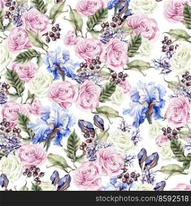 Bright watercolor seamless pattern with flowers iris, roses, currant berries and butterflies. Illustration. Bright watercolor seamless pattern with flowers iris, roses, currant berries and butterflies. 