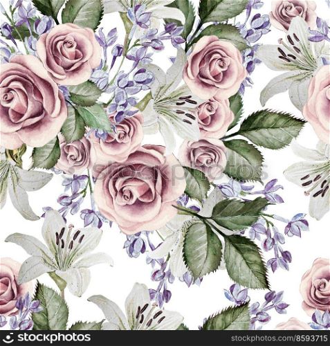 Bright watercolor seamless pattern with flowers lilies, roses and lilacs. illustrations. Bright watercolor seamless pattern with flowers lilies, roses and lilacs. 