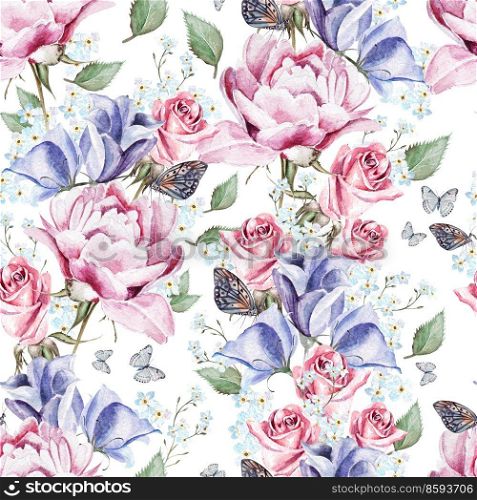 Bright watercolor seamless pattern with flowers peony, eustoma, roses and forget-me. illustrations. Bright watercolor seamless pattern with flowers peony, eustoma, roses and forget-me. 