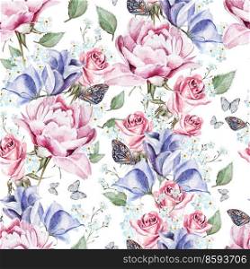 Bright watercolor seamless pattern with flowers peony, eustoma, roses and forget-me. illustrations. Bright watercolor seamless pattern with flowers peony, eustoma, roses and forget-me. 