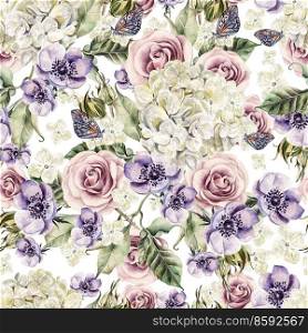 Bright watercolor seamless pattern with flowers  roses, anemones and hydrangea. Illustration. Bright watercolor seamless pattern with flowers  roses, anemones and hydrangea.